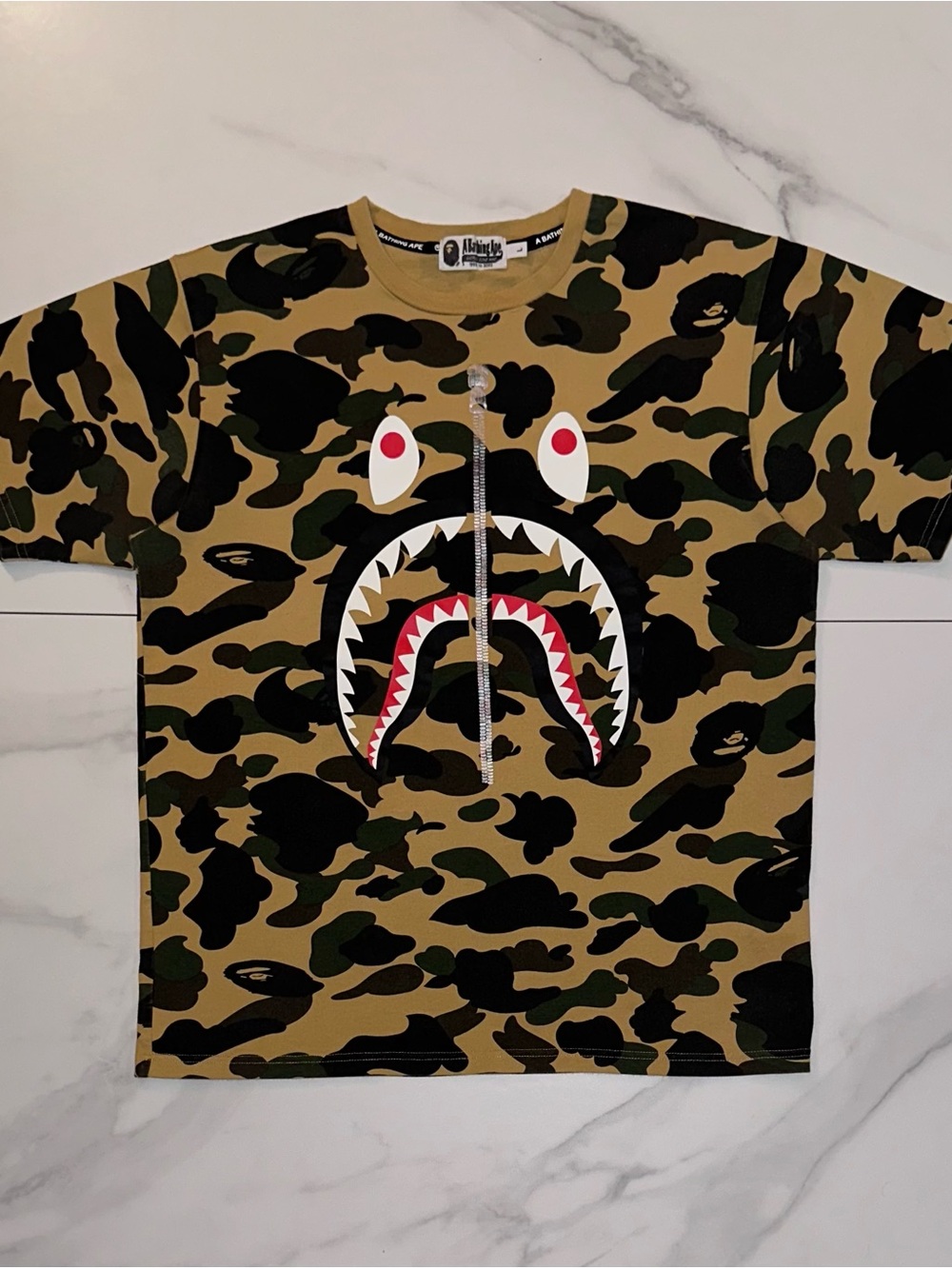 A Bathing Ape BAPE 1st Camo PONR Shark Tee Yellow Size Large